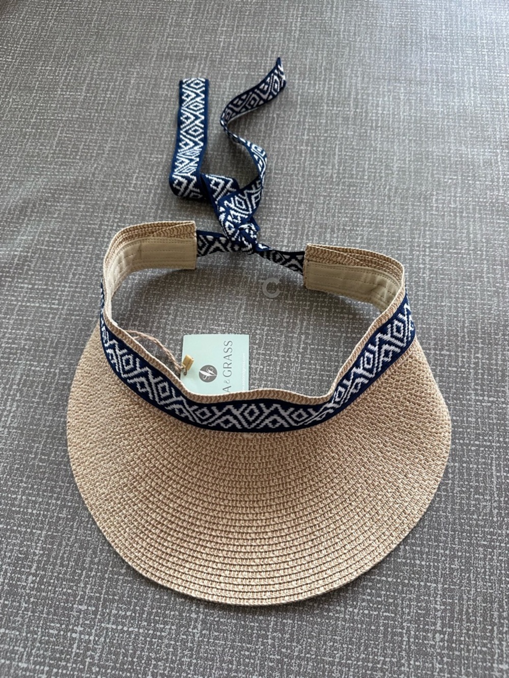 Sea & Grass Beige Straw Visor Hat Blue White Aztec Tie Back Beach Sun Hat